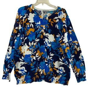 Jessica London Cardigan Womens 18 / 20 Blue Brown Floral Button Up‎ Sweater